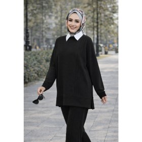 Resim Esra Butik Mürdüm Siyah Taş Çimalı Tesettür Ikili Takım Tunik Pantolon Şık Rahat 