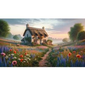 Resim Venspor Geleneksel Bir Kır Evi ve Çiçeklerle Bezenmiş Doğa Arkaplan, 200x150cm, Fon, Duvar Örtüsü 