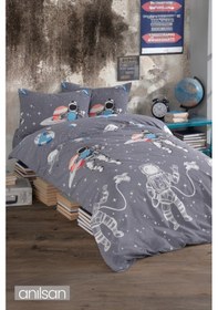 Resim Astronot Desenli Baskılı Çocuk Nevresim Takımı Tek Kişilik Yumuşak Pamuklu Kumaş Gri 