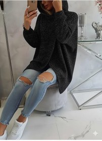 Resim Kırçıllı Siyah Kadın Asimetrik Fermuarlı Oversize Kapüşonlu Sweatshirt Kalın Kumaş Rahat Günlük Tarz Füme 