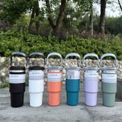 Resim Taşınabilir Tutma Sapı ve Pipetli Kapaklı 590 ml/887 ml Taşınabilir İzole Bardak, Taşınabilir Paslanmaz Çelik Su Şişesi, Açık Hava Sporları, Seyahat ve Kamp İçin 