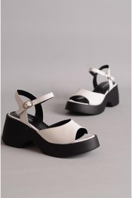 Resim SEÇ KUNDURA Seç 23547 Hakiki Deri Dolgu Topuk Sandalet (topuk Boyu 7 Cm-platform 3 Cm) Beyaz 