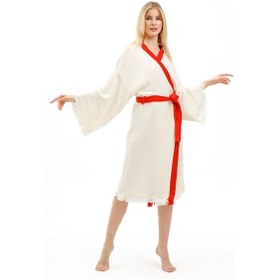 Resim Müslin Kimono Pamuklu Afrikalı Kadın Baskılı Desenli Bornoz Kaftan Sabahlık Ekru 