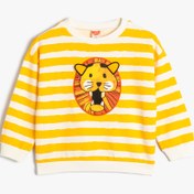 Resim Erkek Bebek Çizgili Sweatshirt Aslan Grafik Baskılı Uzun Kollu Bisiklet Yaka 