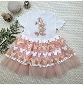 Resim 1-2-3 Yaş Payetli Mickey Baskılı Brode Etekli Kız Bebek Elbisesi Renkli 