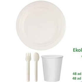 Resim Ekolojik Doğal 26 Cm. 48 Kişilik Parti Piknik Sofra Sunum Seti - Tabak Bardak Çatal Kaşık Takımı 