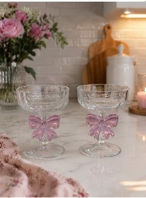 Resim Morponi 2 Adet Pembe Fiyonklu Cam Ayaklı Tatlı Kasesi Seti, Dondurmalık Ve Sunumluk 