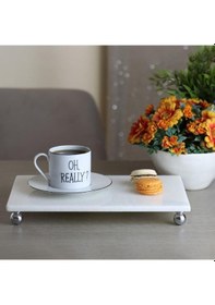 Resim Akayev Mermer Beyaz 30x20 cm Gümüş Boncuk Ayaklı Sunum Tabağı 