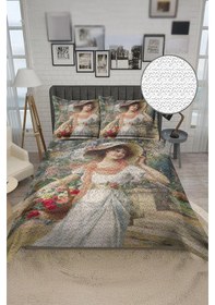 Resim Parlak Kadife Kumaş Kapitoneli Çift Kişilik Yatak Örtüsü Seti 3 Parça Cky0018 Renkli 