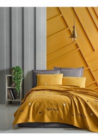 Resim Baskılı Pike Takımı Çift Kişilik Dide Sarı Sarı 