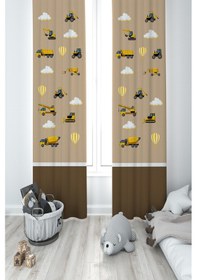 Resim Mekta Home Bebek Ve Çocuk Odası İş Makinalı Kahverengi Yol Desenli 2 Kanat Fon Perde 
