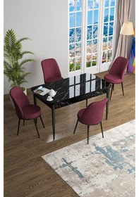 Resim Canisa Han Serisi 70x114 Açılabilir Mdf Mutfak Masası Takımı Siyah Mermer Desen Masa 4 Bordo Sandalye Masa Siyah Mermer Sandalyeler Bordo 
