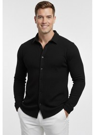 Resim Deepsea Siyah Slim Fit Örme Kumaş Likralı Erkek Gömlek Nefes Alan Esnek Ve Modern Tasarım 2602604 Siyah 