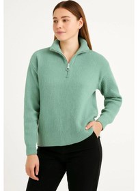 Resim Oada Kadın Yarım Fermuarlı Triko Kazak Selanik Örgü, Dik Yaka, Pamuklu Dokuma, Oversize Uzun Kollu Kışlık Model - Mint Yeşili 
