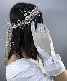 Resim Beyaz Büyük Fiyonklu Eldiven Ve Krem İncili Taç Nikah Takımı 