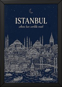 Resim Istanbul Line Art Print - Navy Bosphorus Skyline Hagia Sophia Wall Art - Wooden Frame - Natural / 20 x 28" (50x70 cm) 