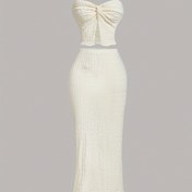 Resim Şık Düğmeli Maxi ve Bodycon Etek Seti - Şık Düz Renk, Geri Açık Tasarım, Dokulu Bel Detayı, Tüm Mevsimler İçin Mükemmel, Askısız Moda|Düz Etek|Geri Açık Tasarım 