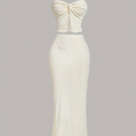 Resim Şık Düğmeli Maxi ve Bodycon Etek Seti - Şık Düz Renk, Geri Açık Tasarım, Dokulu Bel Detayı, Tüm Mevsimler İçin Mükemmel, Askısız Moda|Düz Etek|Geri Açık Tasarım 