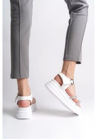 Resim Zlohe Kalın Tokalı Taşlı Şeritli Ortopedik Taban Kadın Sandalet Bt - Beyaz Beyaz 