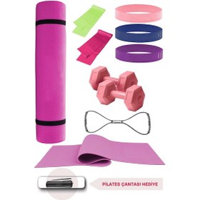 Resim 10 Parçalı Tam Donanımlı Pilates Seti 6 Mm Pilates Minderi, Dambıl,aerobik Lateks Bant,göğüs Lastiği Pembe 