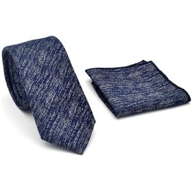 Resim Gaffy Gri Kırcıllı Desenli Lacivert Dokuma Kumaş Mendilli Slim Fit Kravat // Sdk-2501-2 Lacivert 