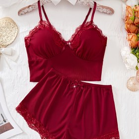 Resim Kadın Modası için Basit Yaylı Üst ve Elastik Şortlu 2 Parça Çiçek Dantel Dikişli Pijama Seti 