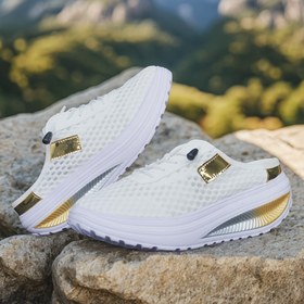 Resim Kadınların Nefes Alabilen File Kaydırmaz Yürüyüş Ayakkabıları - Altın Detaylı Rahat Kalın Tabanlı Casual Sneakerlar, Hafif Yazlık Mules Plaj ve Açık Hava Aktiviteleri için, Bayan Sneakerlar 