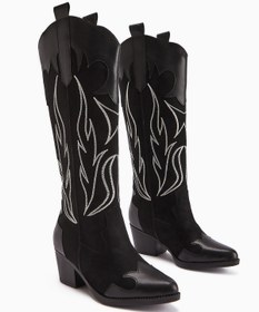 Resim Limoya Bahar Siyah Süet Nakışlı Deri Detaylı Topuklu Western, Kovboy Kadın Çizme 