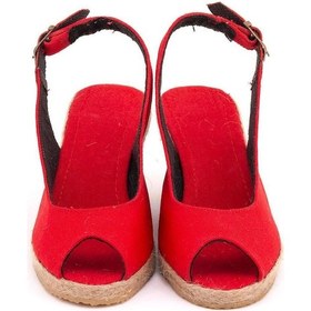 Resim Star Tombis Gerçek Elişi Burnu Açık Arkası Bantlı Dolgu Topuk Kırmızı Keten Hasır Espadril Handmade Kırmızı 