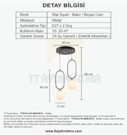 Resim TT AYDINLATMA Tt016-2 Sy Mat Siyah - Bakır Beyaz Camlı 2 Li Avize Siyah 