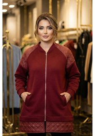 Resim Omuz Ve Bel Kısmı Kapitone Detaylı Fermuarlı Bordo Kadın Sweatshirt Bordo 