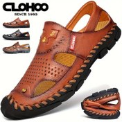 Resim Erkekler için CLOHOO Hakiki Deri Slip-On Sandaletler - Yaz, Plaj Tatilleri İçin Nefes Alabilir Düşük Üst Rahat Ayakkabılar Kaymaz Kauçuk Taban, Yastıklı PU Astar & Havalandırma Delikleri (Kahverengi), Perfore Tasarım, Kaliteli Dikiş Detayı 