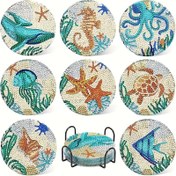 Resim 8 adet/takım 10x10cm/3.94x3.94 inç Elmas Boyama Seti - Elmas Boyama Altlıklar Tutucu İle Birlikte - Kendin Yap Beyaz Denizaltı Dünyası Altlıklar - Su İle Yıkanabilir - Başlangıç Seviyesi, Yetişkinler ve Sanat Malzemeleri İçin 