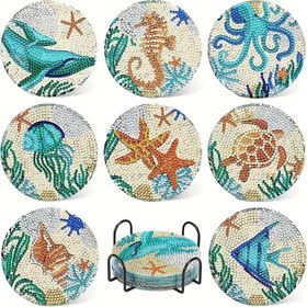Resim 8 adet/takım 10x10cm/3.94x3.94 inç Elmas Boyama Seti - Elmas Boyama Altlıklar Tutucu İle Birlikte - Kendin Yap Beyaz Denizaltı Dünyası Altlıklar - Su İle Yıkanabilir - Başlangıç Seviyesi, Yetişkinler ve Sanat Malzemeleri İçin 
