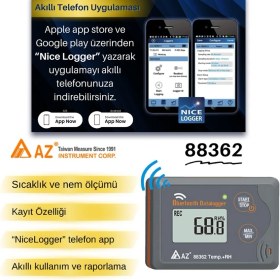 Resim Sevgift Az 88362 Sıcaklık Nem Kayıt Cihazı Datalogger | Akıllı Telefon Uyumlu 