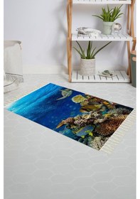 Resim Banyo Halısı Dijital Baskılı Banyo Paspası 50x80 Polyester Kaymaz Tabanlı Duş Paspası Aquarium Beyaz - Siyah 