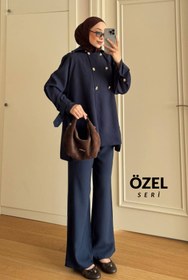 Resim Mogi Butik Oversize Kesim Çift Düğme Detaylı Tesettür Kadın Dokuma Takım Lacivert 3159 - Özel Seri 