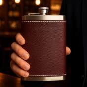 Resim Mena Rise 8 Oz 235 cc Hunili Kızıl Hakiki Deri Kılıflı Çelik Viski Içki Matarası Babalar Günü Hediyesi 