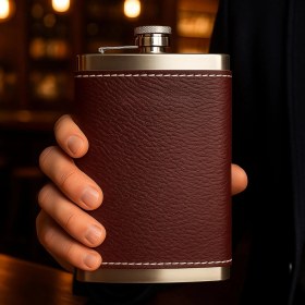 Resim Mena Rise 8 Oz 235 cc Hunili Kızıl Hakiki Deri Kılıflı Çelik Viski Içki Matarası Babalar Günü Hediyesi 