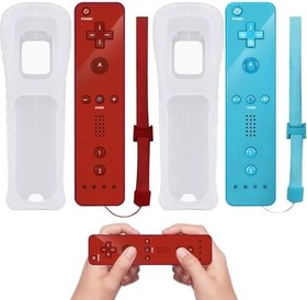 Resim Wii uzaktan kumanda, 2 x Wii Controller oyun denetleyicisi, kablosuz uzaktan hareket sensörü, Wii ve Wii konsolu için yedek oyun kumandası, silikon kılıf ve el kayışı ile (kırmızı + açık mavi) 
