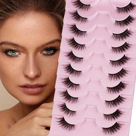 Resim 10 Çift Doğal Görünümlü Tüylü Kedi Gözü Sahte Kirpikler, 10mm Kısa Uzunluk, Hacimli & Yeniden Kullanılabilir, Başlangıç Dostu, Çeşitli Stiller (Doll, Cross, Kabarık, Dramatik) - A02-10F 