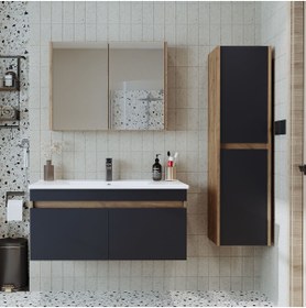 Resim ROOMART '' Lavabolu '' Atlantik - Antrasit Mat Mdf 100 Cm Alt Dolap Aynalı Üst Dolap Boy Dolap 