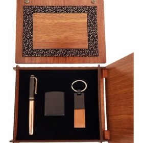 Resim Dekoratif Ahşap Kutulu Bakır Roller Kalem Taba Renk Anahtarlık ve Çakmak Set Tdrtr 