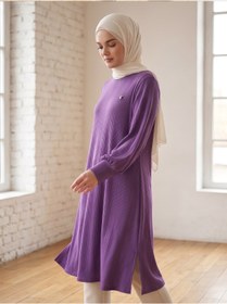 Resim tuvadi Kadın Mor Saç Örgü Tunik - Tesettür Tunik - Mürdüm, Broş Detaylı, Rahat Kalıp 