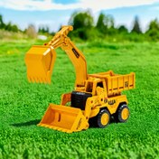 Resim ABS Malzemeden Yapılmış Sarı İnertialı Ekskavatör Kamyonet ve Atık Yatağı ile Mühendislik Aracı Modeli Oyuncak, Pil Gerekmez, Erkek ve Kız Çocuklar İçin Uygun, Harika Doğum Günü Hediyesi Seçeneği 