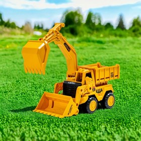 Resim ABS Malzemeden Yapılmış Sarı İnertialı Ekskavatör Kamyonet ve Atık Yatağı ile Mühendislik Aracı Modeli Oyuncak, Pil Gerekmez, Erkek ve Kız Çocuklar İçin Uygun, Harika Doğum Günü Hediyesi Seçeneği 