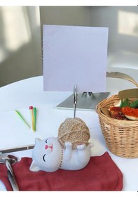 Resim Açık Altın Yumaklı Yatan Kawaii Kedi Temalı Not Tutacağı Fotoğraf Tutacak Tutucu Ofis Hediyelik Şampanya 
