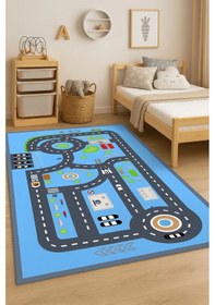 Resim Mavi Ve Gri Renk Şeritli Yol Çocuk Odası Halısı Mavi 