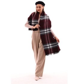 Resim Kadın Yumuşak Dokulu Ekose Atkı Bordo Gri Bordo 