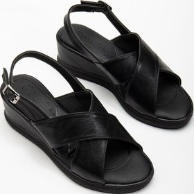 Resim Kadın Dolgu Topuk Sandalet Siyah Çapraz Bantlı Ortopedik-3729 Siyah 